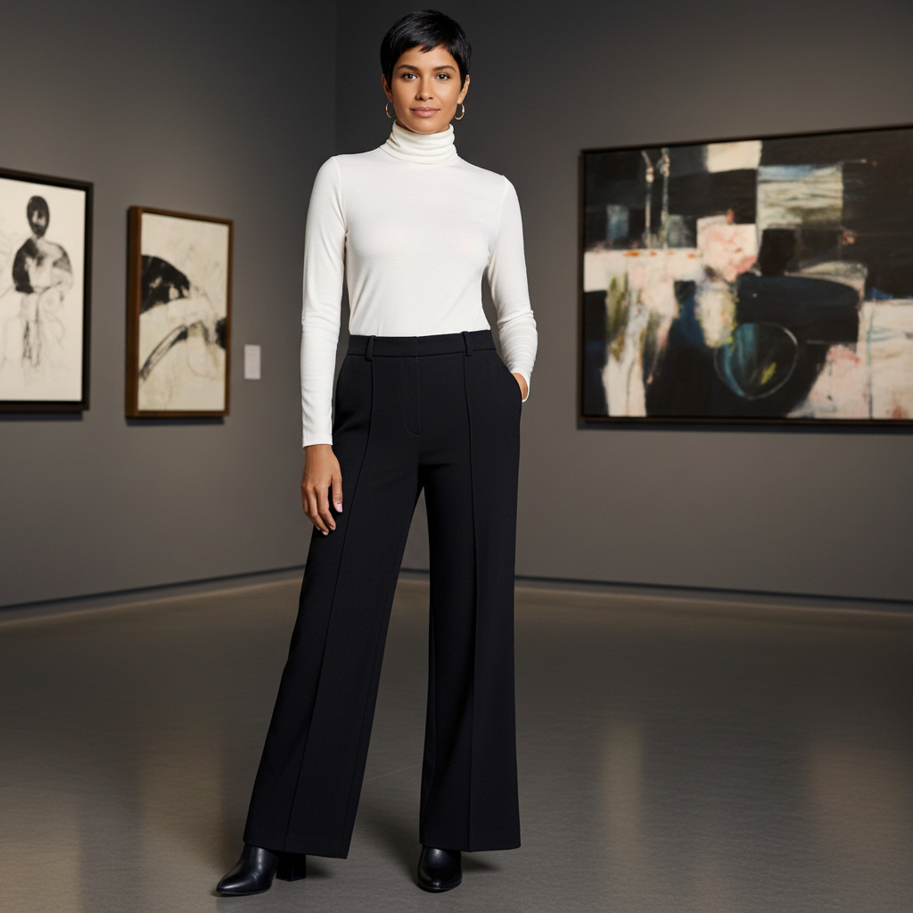 Woman in a white turtleneck and black pants standing in an art gallery.