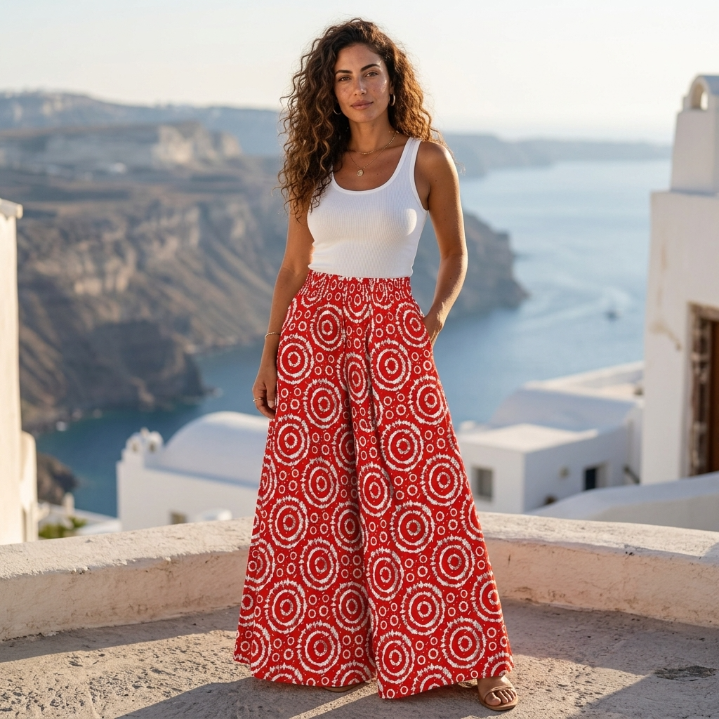Afrikanische Baumwoll-Palazzo-Hose – Schwarz-roter Print