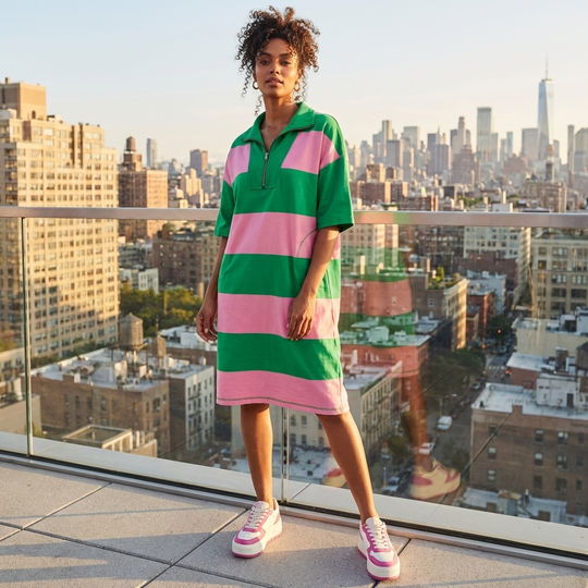 Color Block Stripe Half Zip Dress – Pink &amp; Green