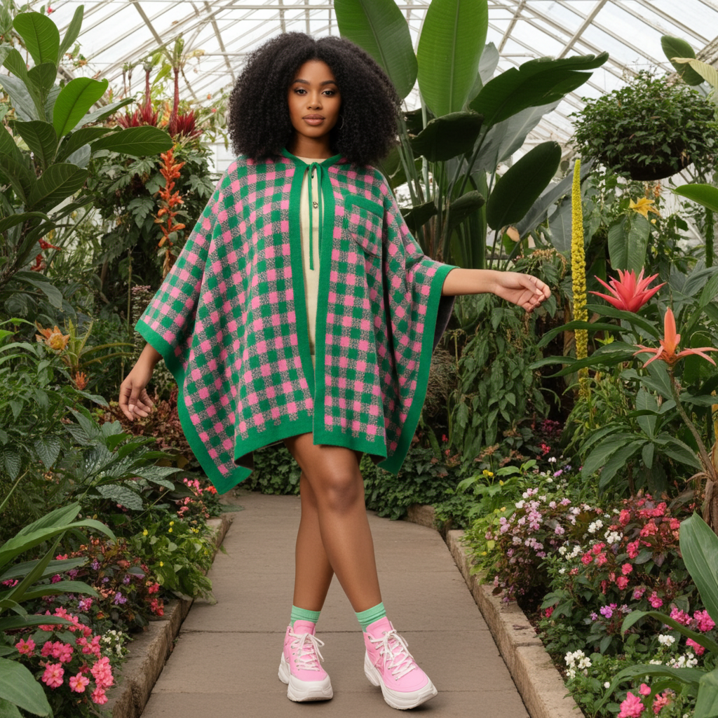 Woman wearing a green and pink checkered poncho in a garden setting