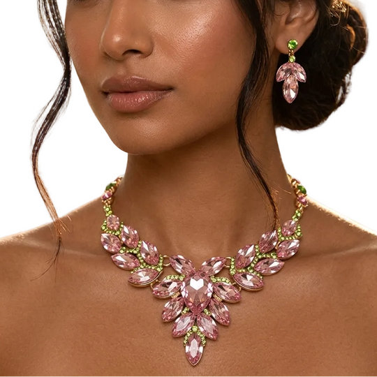 Pink and Green Marquise Crystal Evening Necklace and Earrings Set