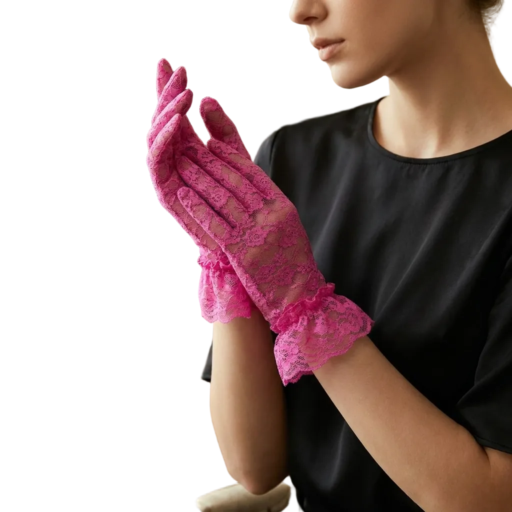 Woman wearing pink lace gloves in a room with flowers and furniture.