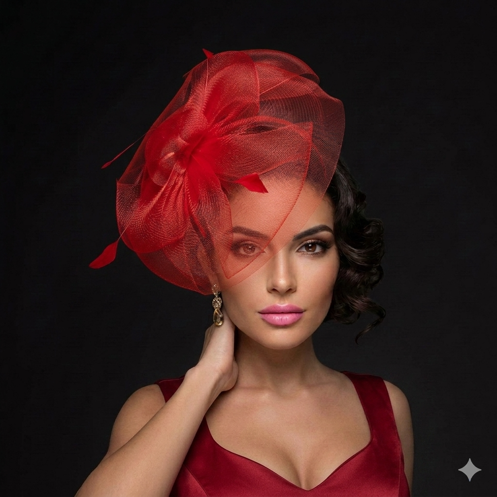 Woman wearing a red decorative headpiece against a black background
