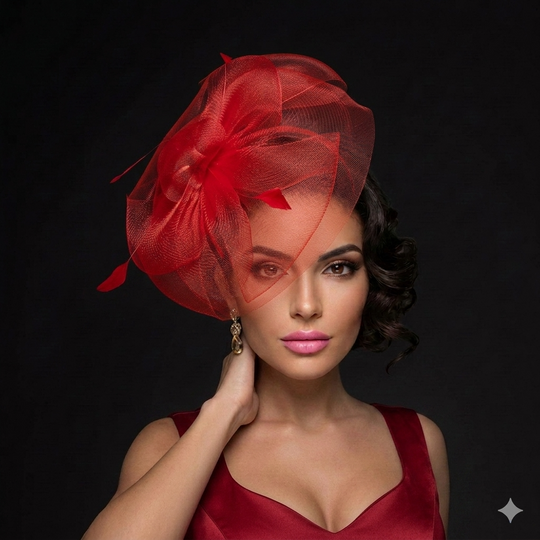 Woman wearing a red decorative headpiece against a black background