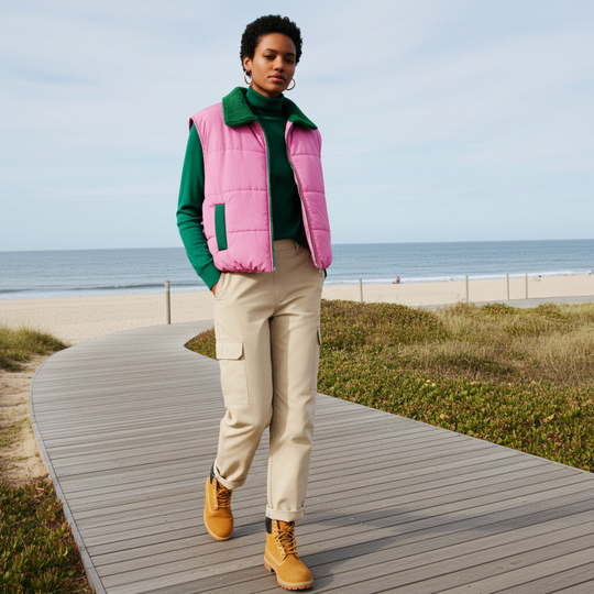 Person wearing a colorful vest on a beach boardwalk