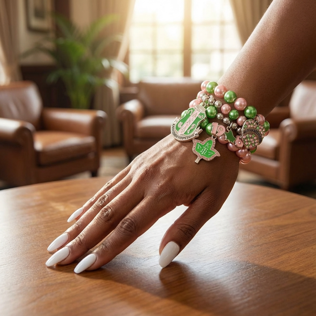 Hand wearing multiple colorful bracelets on a wooden table with a blurred indoor background