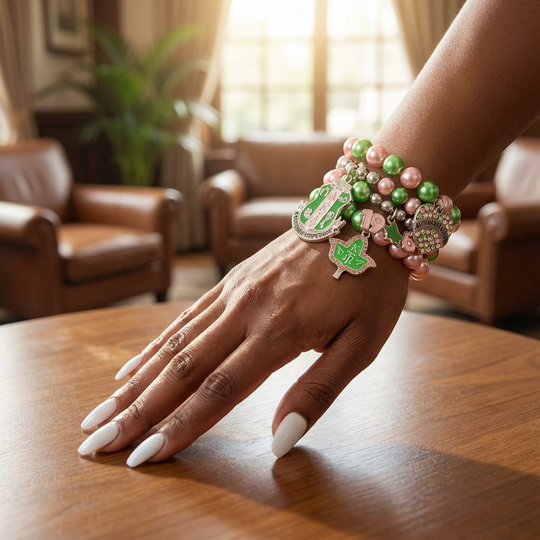 Hand wearing multiple colorful bracelets on a wooden table with a blurred indoor background