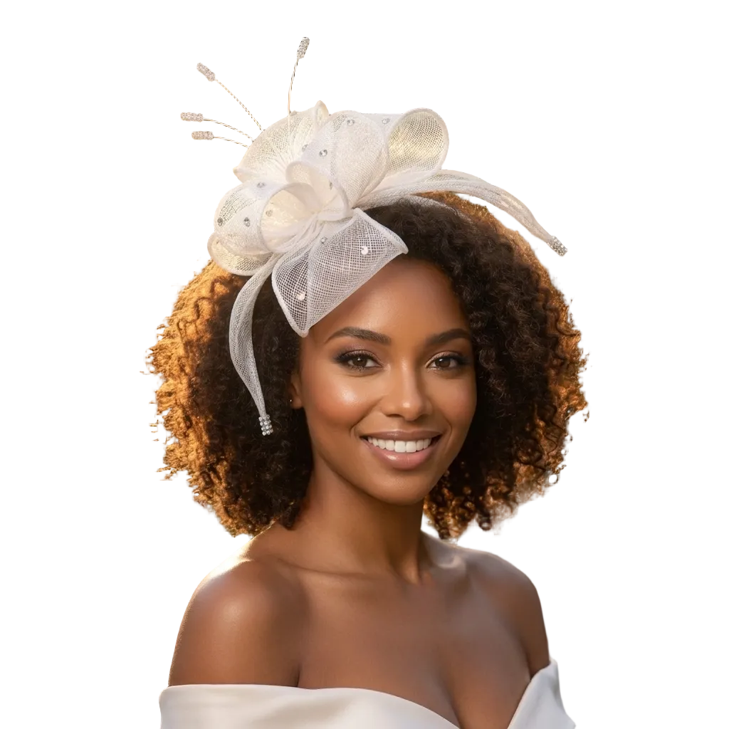 Woman wearing a decorative headpiece with a blurred floral background