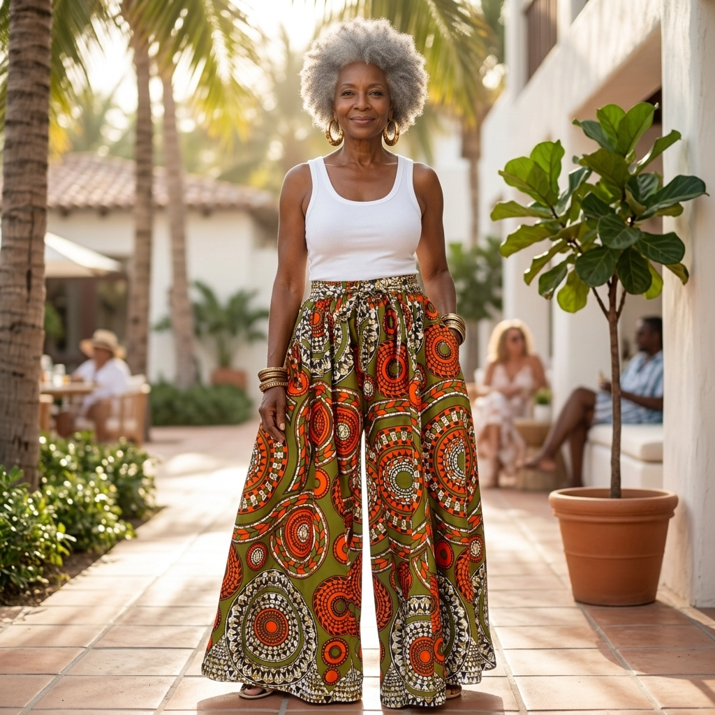 Woman in colorful patterned pants and white top standing outdoors with palm trees and a building in the background.