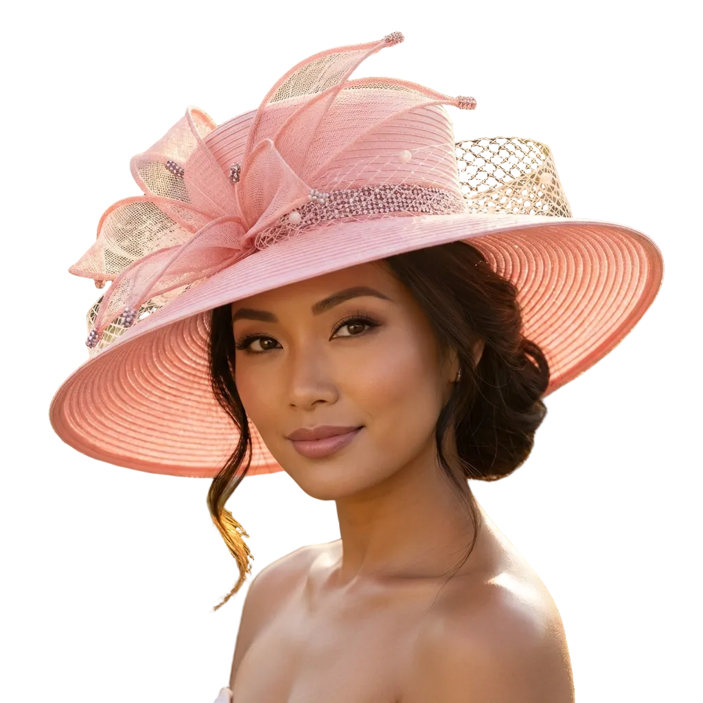 Woman wearing a pink hat with floral details in a garden setting