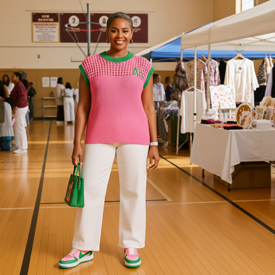 Woman in pink top and white pants standing in a gymnasium with tables and chairs.