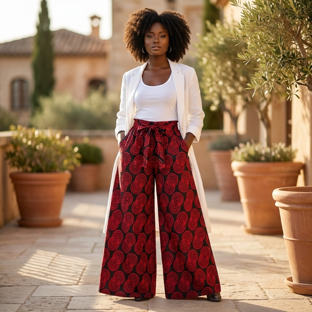 Woman wearing a white top and red african print pants standing in an outdoor setting with plants and buildings.