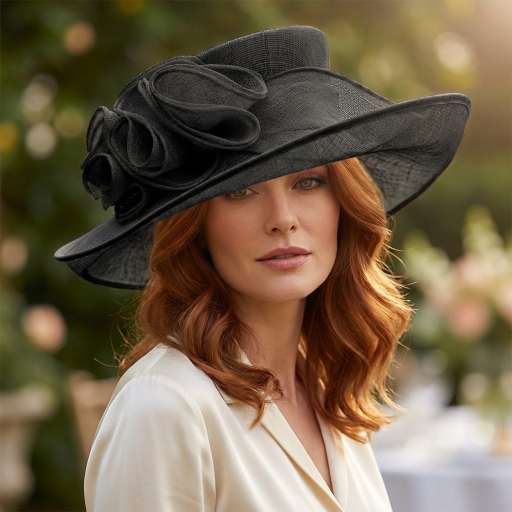 Black Sinamay Swirl Mad Hatter Hat – Elegant Wide Brim Derby Hat