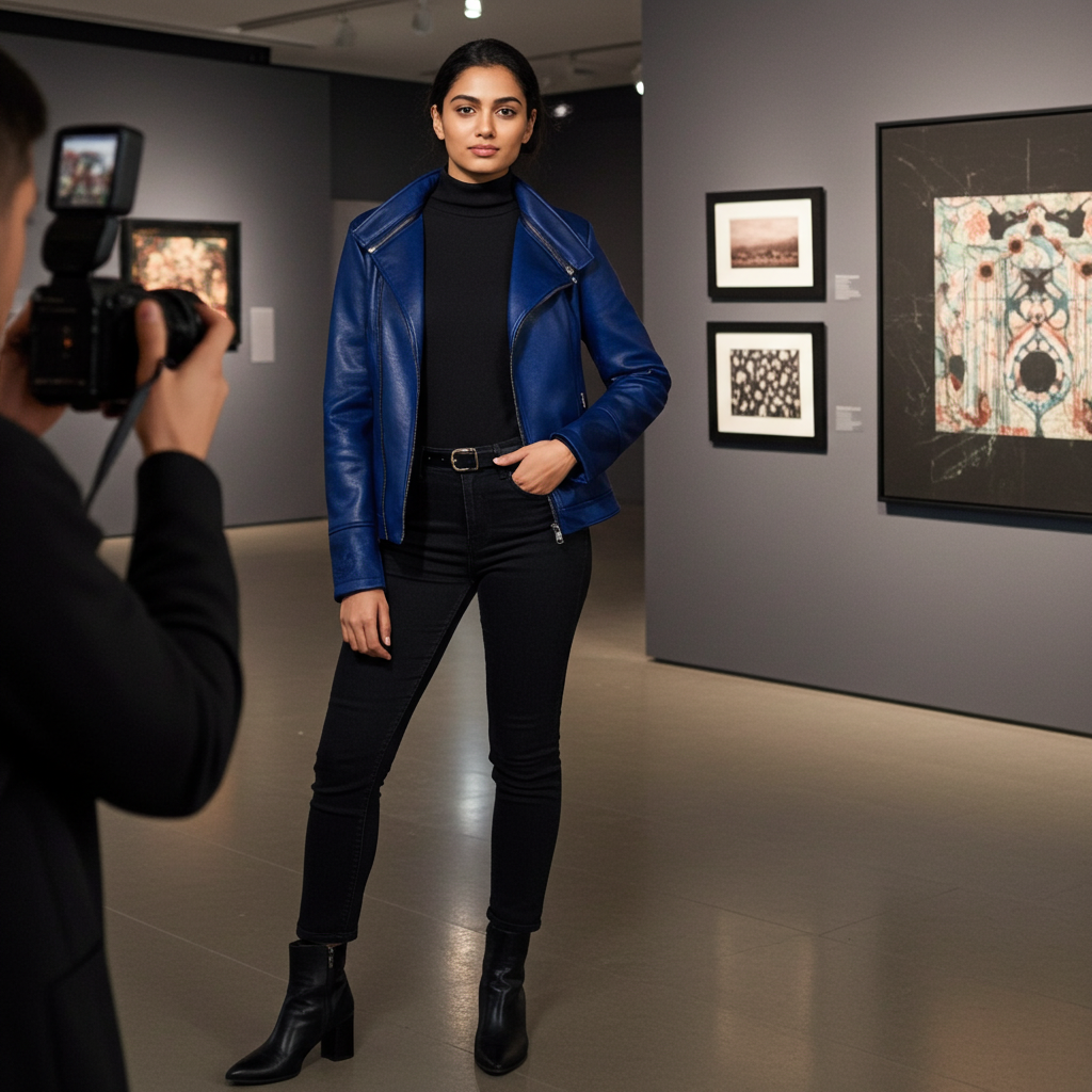 Woman in a blue leather jacket standing in an art gallery with a camera capturing the moment.