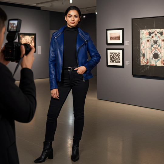 Woman in a blue leather jacket standing in an art gallery with a camera capturing the moment.