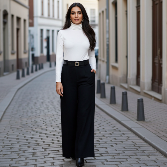 Woman in a white turtleneck and black wide-leg pants standing on a city street.