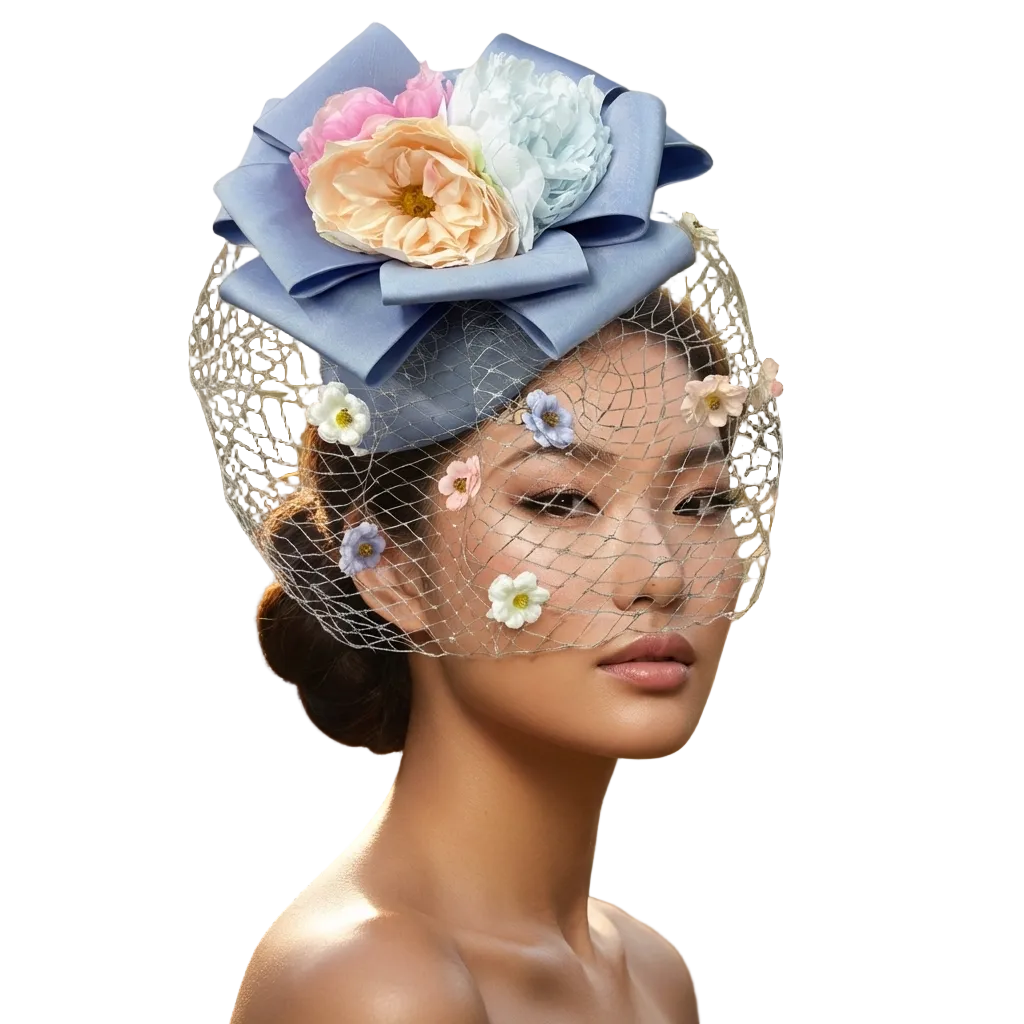 Woman wearing a floral hat with a veil in a garden setting