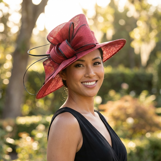 Woman wearing a large red hat with a black ribbon in an outdoor setting