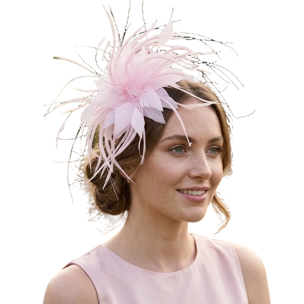 Woman wearing a pink feathered headpiece in a garden setting