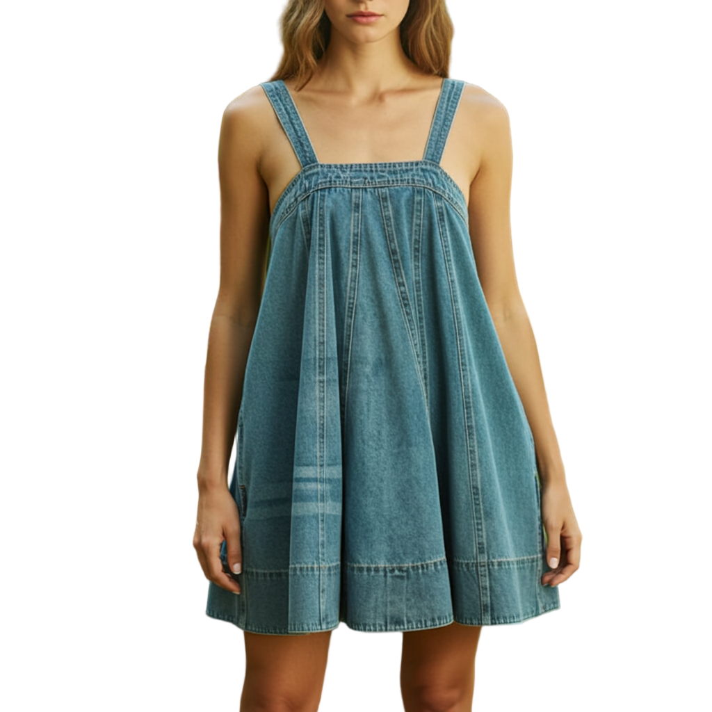 Woman wearing a blue denim dress standing in a garden with greenery and flowers.