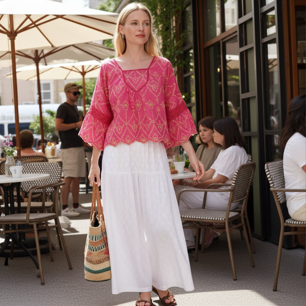 Woman in a pink top and white pants standing in an outdoor cafe setting