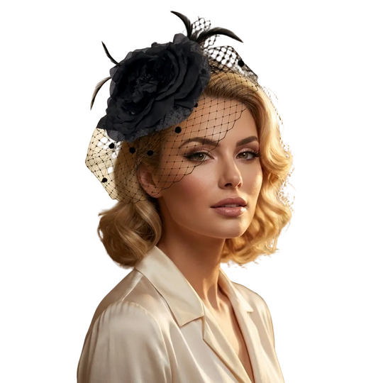Woman wearing a decorative headpiece with a large black flower in an indoor setting