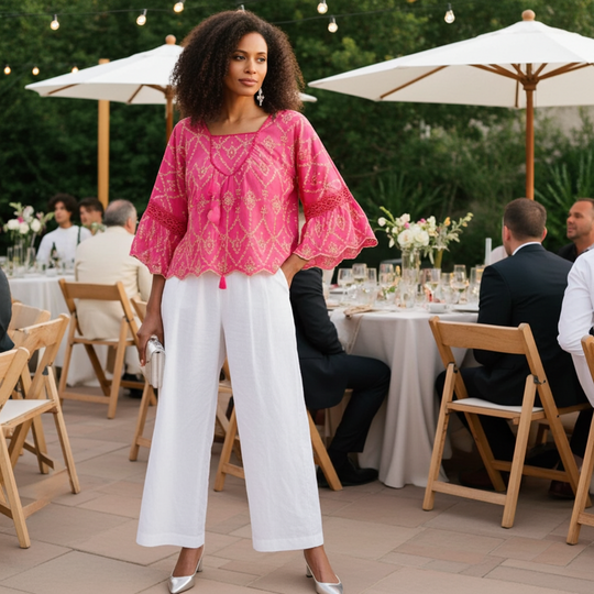 Woman in a pink top and white pants standing outdoors at an event with tables and chairs.