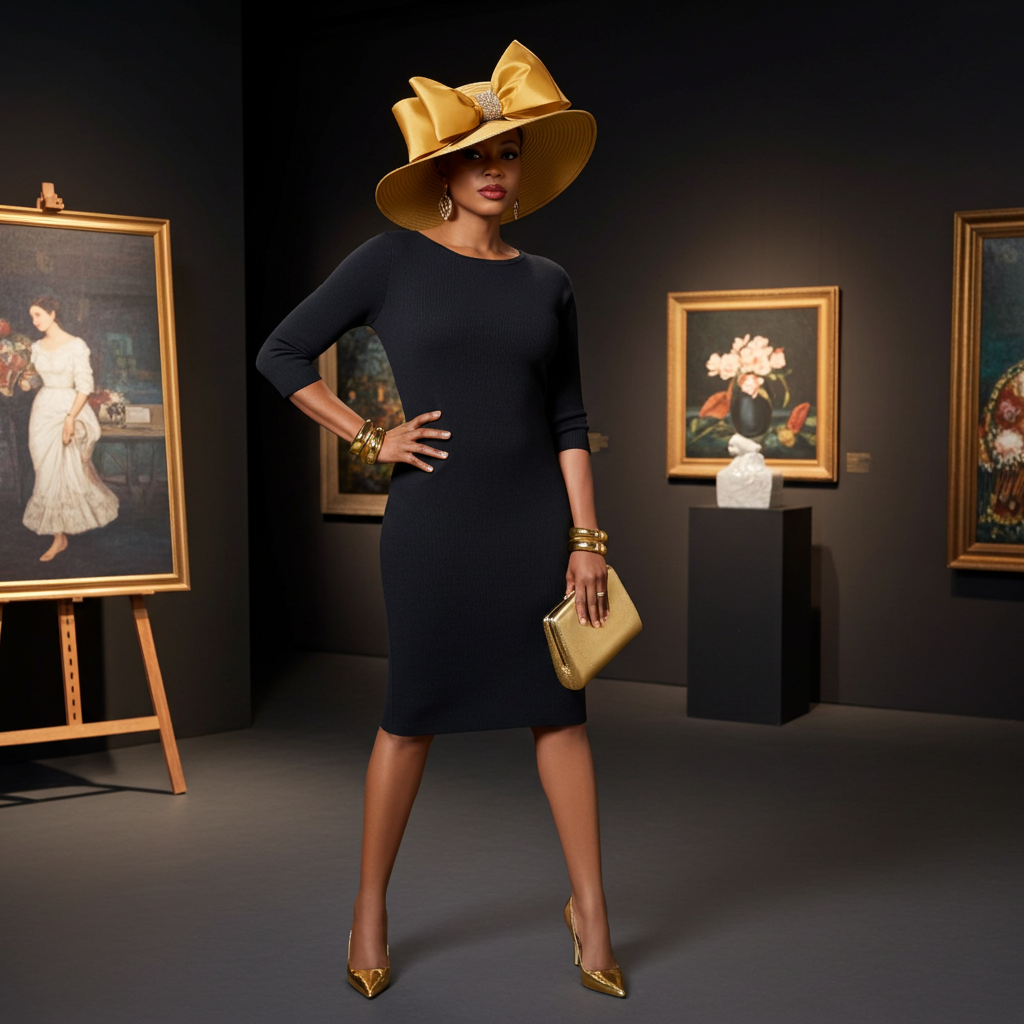 Woman in a black dress and gold hat standing in an art gallery.