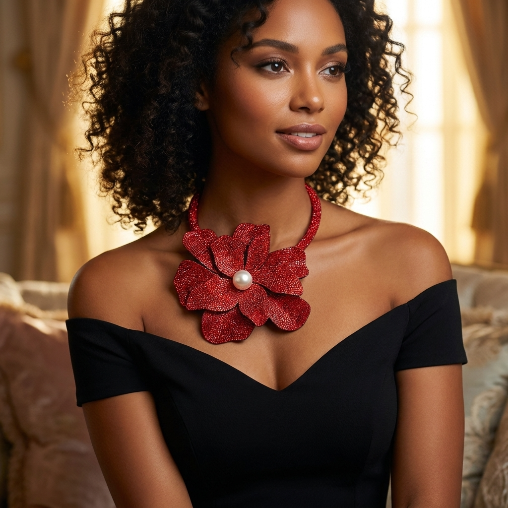 Woman wearing a black off-shoulder top with a large red floral necklace.