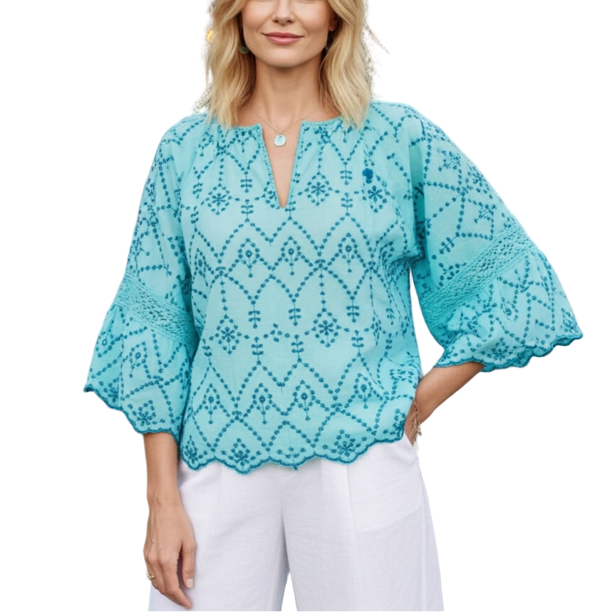 Woman wearing a turquoise lace top at an outdoor event with string lights and greenery.