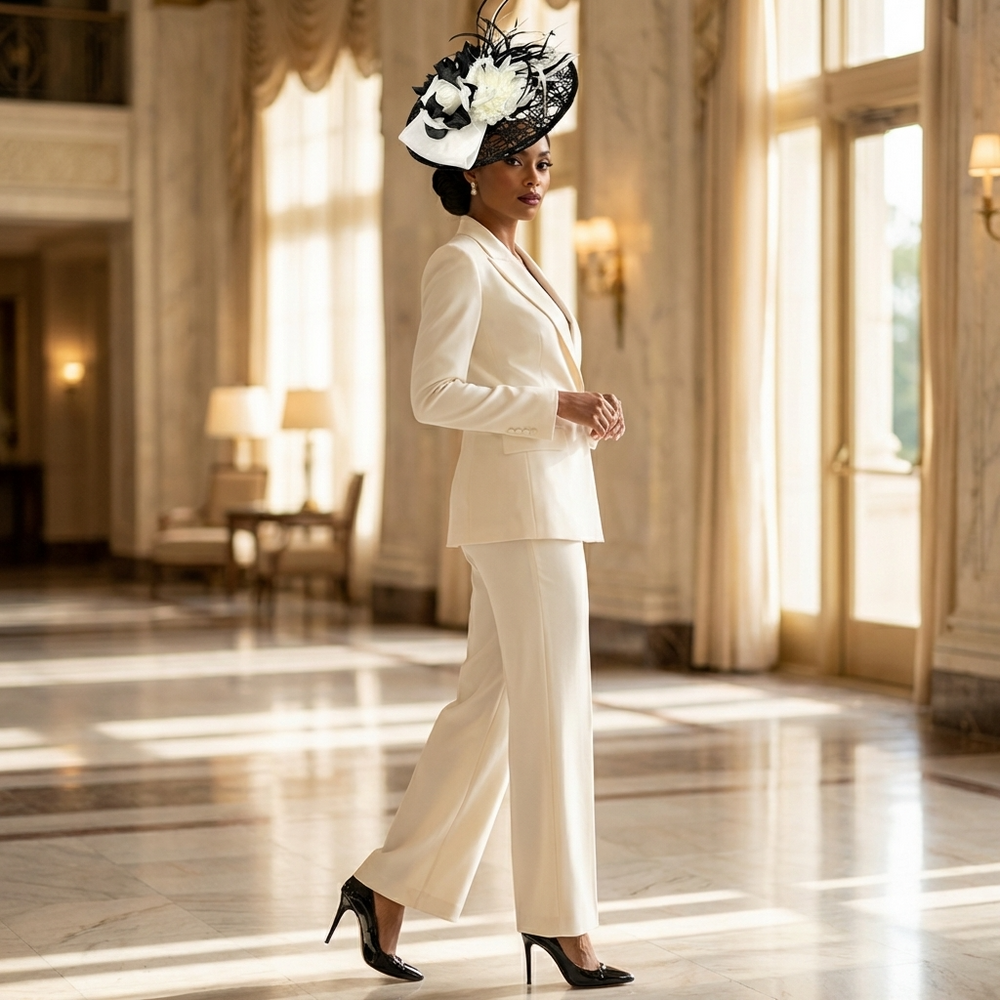 Woman in a white suit with a decorative hat standing in a grand room with high ceilings and large windows.