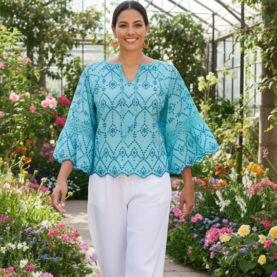 Sandra Blue Embroidered Eyelet Lace Blouse