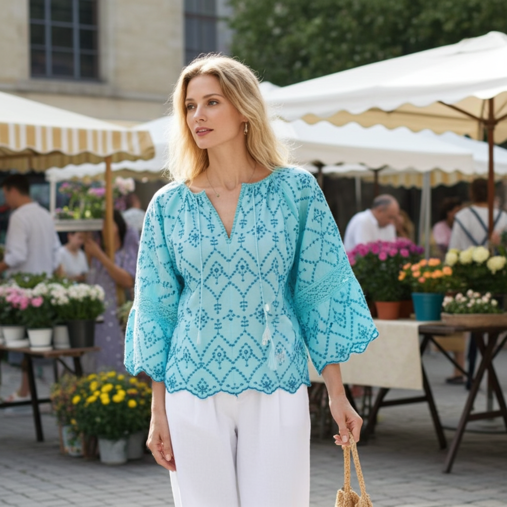 Sandra Blue Embroidered Eyelet Lace Blouse