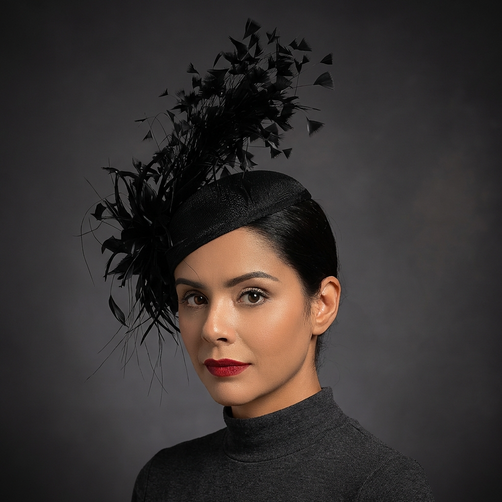 Tocado de plumas Midnight Bloom - Tocado de alta costura esculpido negro con velo
