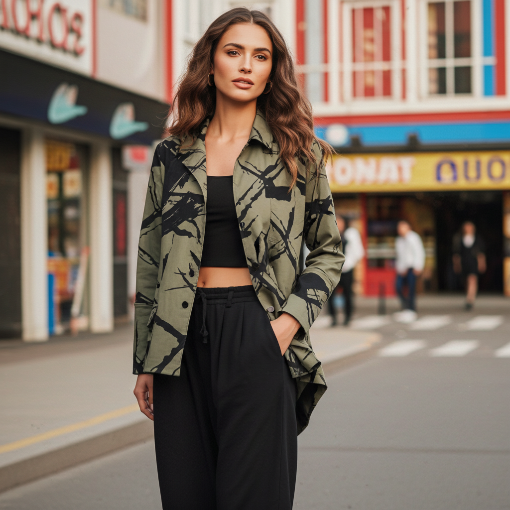 Woman wearing a green camouflage jacket and black pants on a city street.