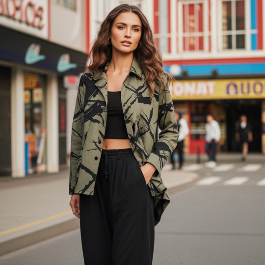 Woman wearing a green camouflage jacket and black pants on a city street.