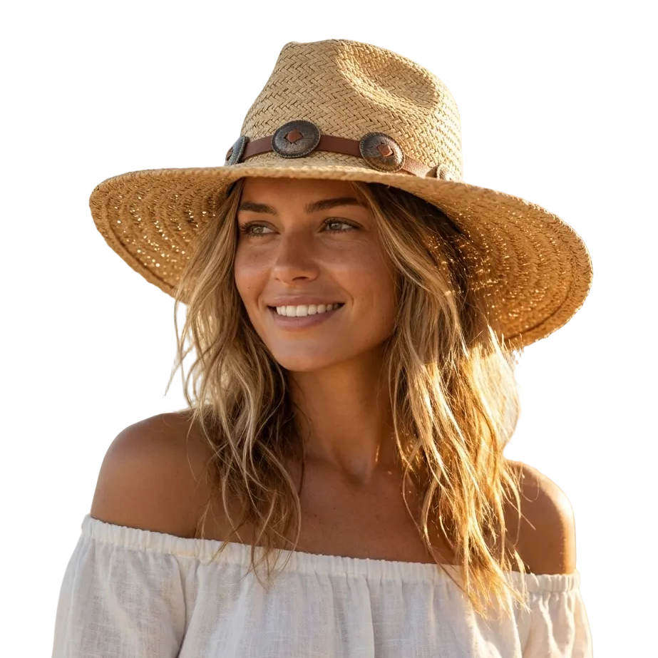 Natural woven straw hat with wide brim and brown concho-style band