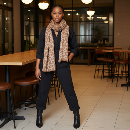 Woman wearing a leopard print scarf in a restaurant setting