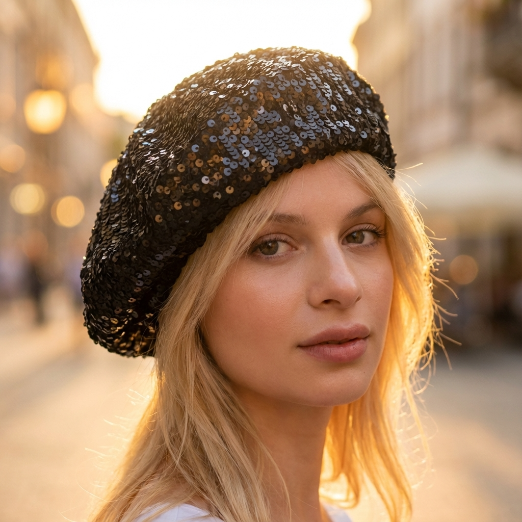 Woman wearing a black sequined beret in an urban setting