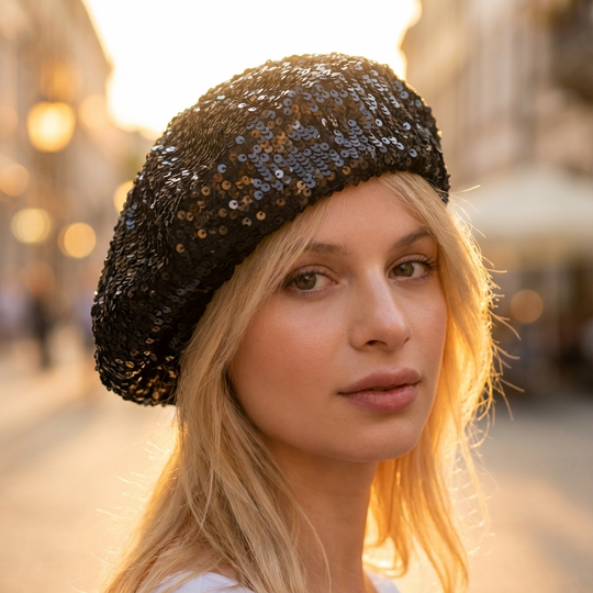 Woman wearing a black sequined beret in an urban setting