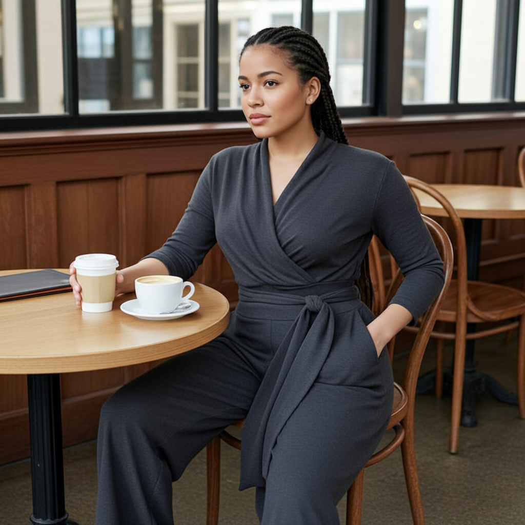 Woman in a dark gray wrap dress sitting at a cafe table with a coffee cup and saucer.