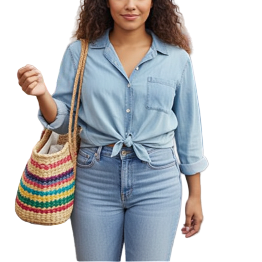Woman in a denim outfit with a colorful bag at an outdoor market.
