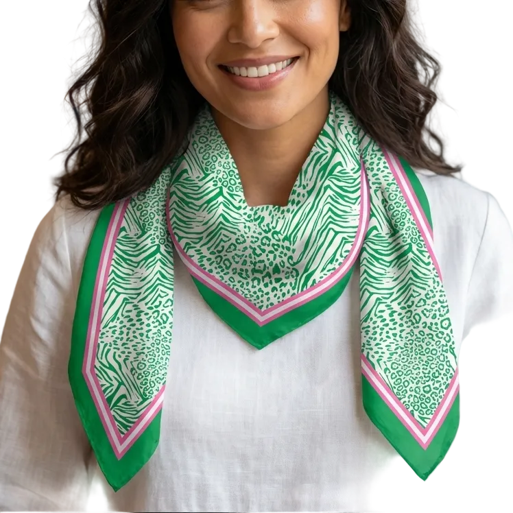 Woman wearing a green patterned scarf in a casual indoor setting
