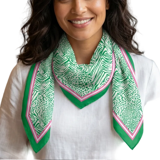 Woman wearing a green patterned scarf in a casual indoor setting
