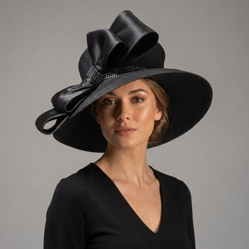 Woman wearing a black hat with a large bow on a gray background