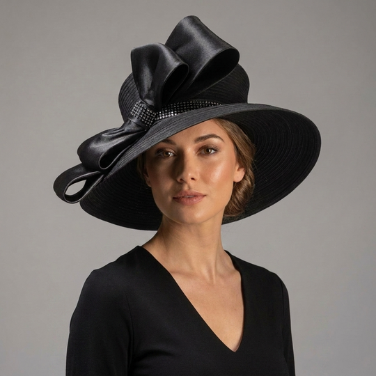 Woman wearing a black hat with a large bow on a gray background