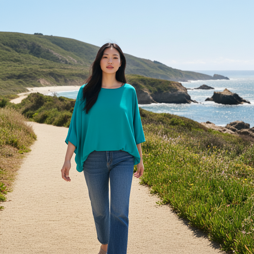 Woman in teal top and jeans walking on a path by the ocean with green hills in the background