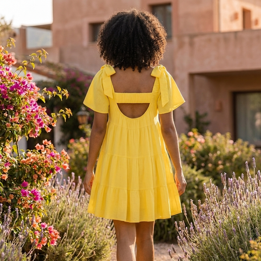 Gekräuseltes Carmen-Babydollkleid in Sonnenblumengelb