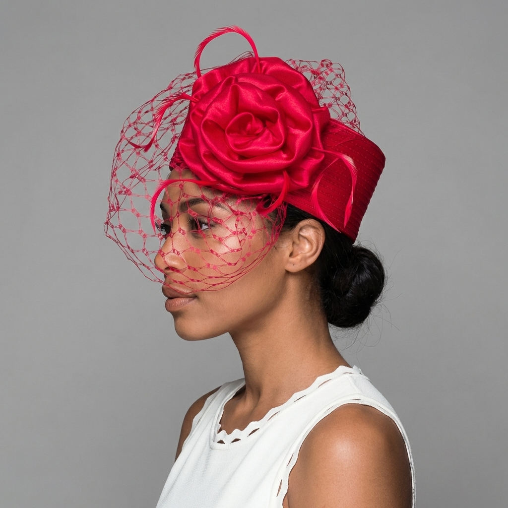 Red Pillbox Hat with Veil and Flower