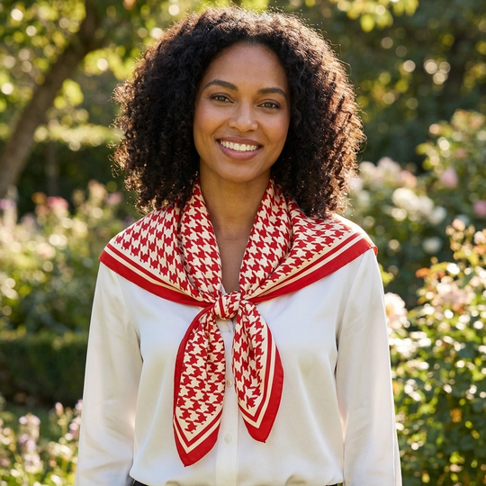 Woman wearing a red and white patterned scarf outdoors with greenery in the background